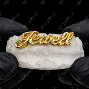 custom Gold cursive letter grillz