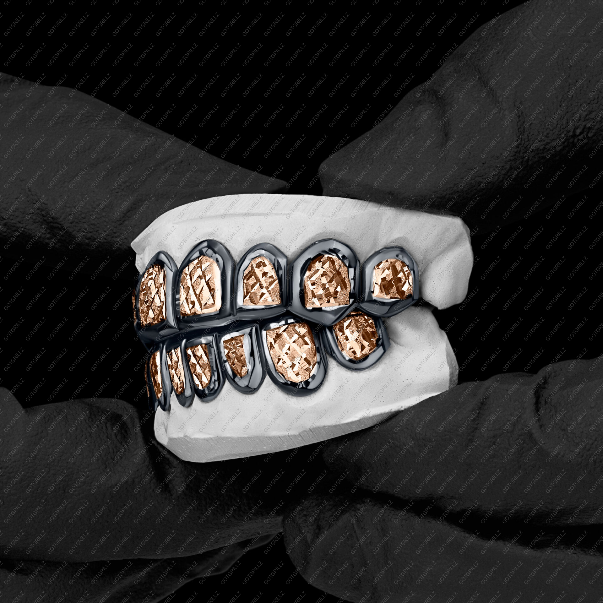 Gold and Black Diamond Dust Cut Punchout Grillz
