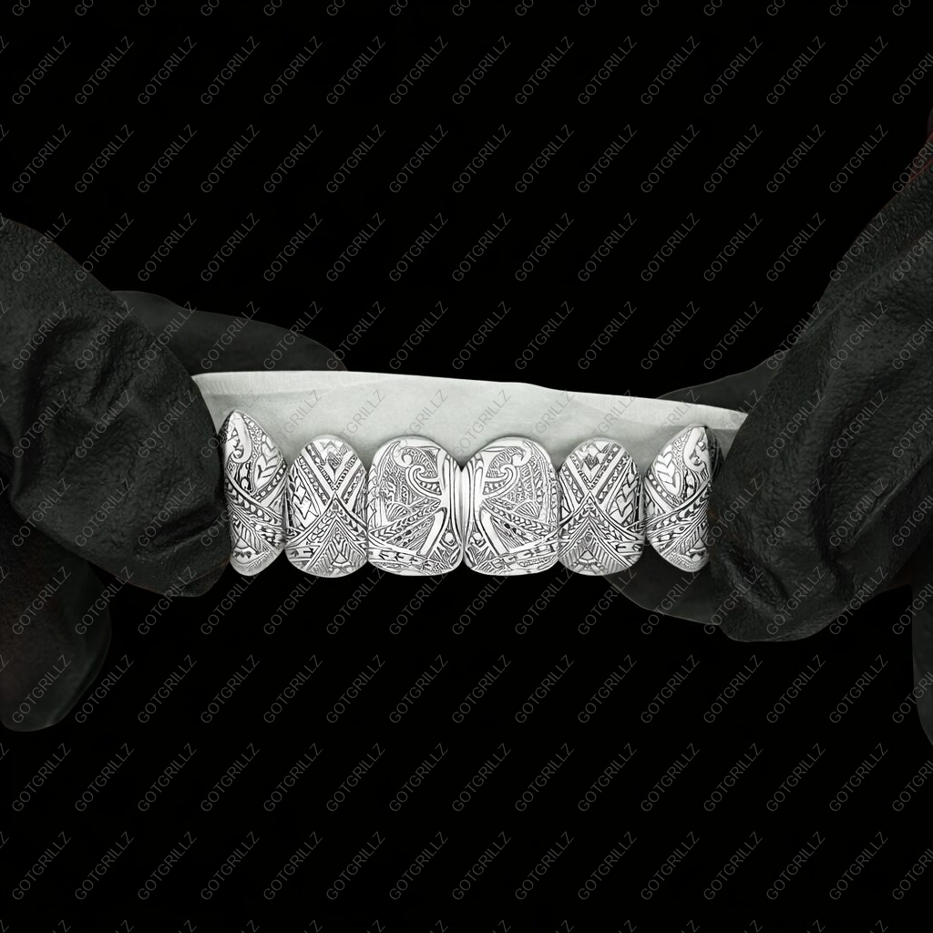 White Gold Polynesian Engraved Grillz