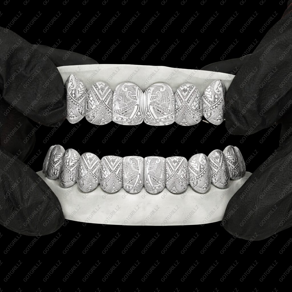 White Gold Polynesian Engraved Grillz