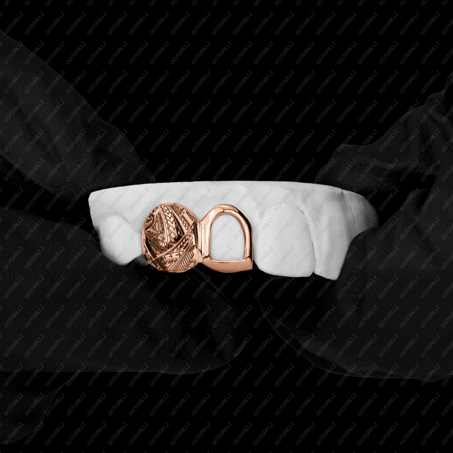 Gold Open Face and Polynesian Print Double Cap Grillz