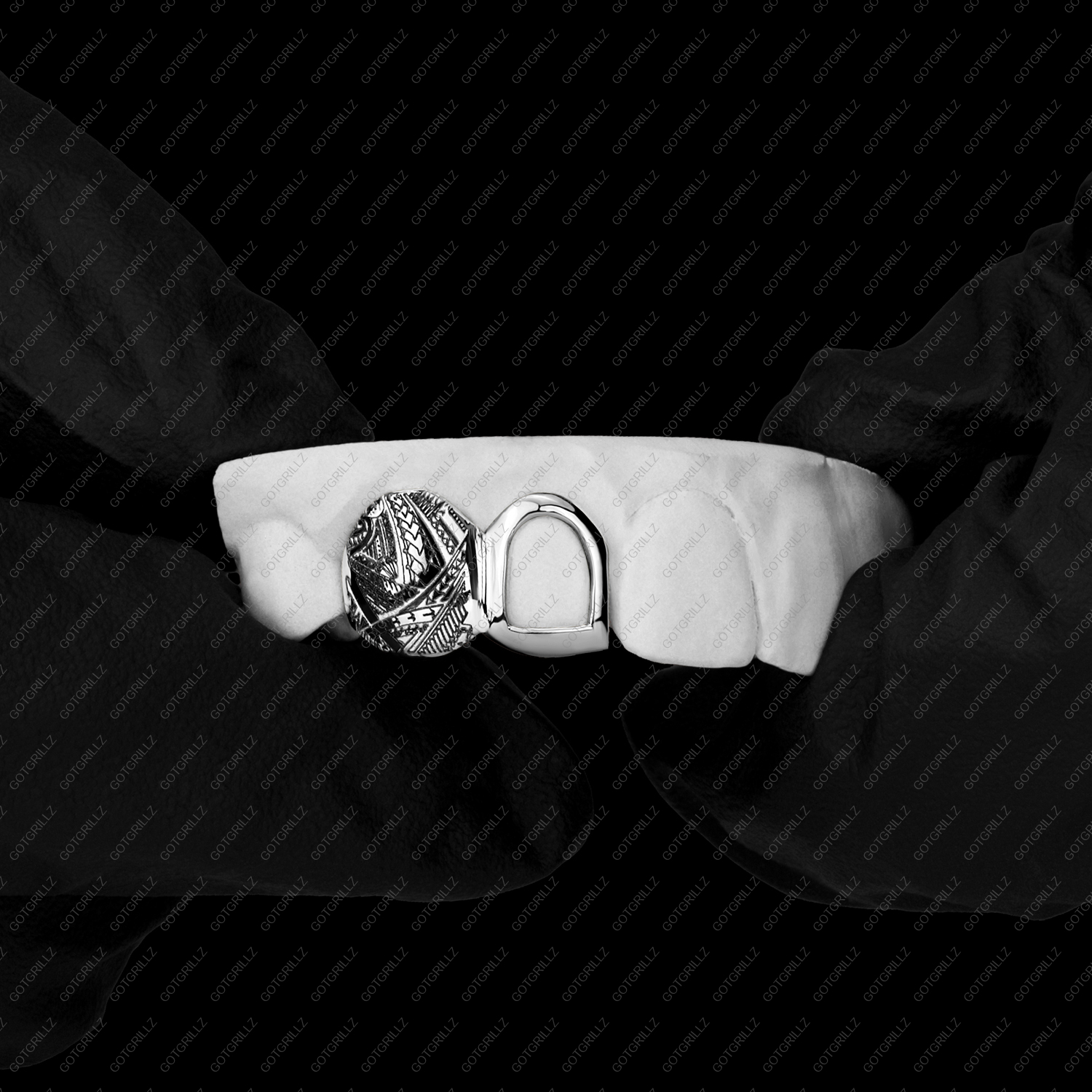 Gold Open Face and Polynesian Print Double Cap Grillz