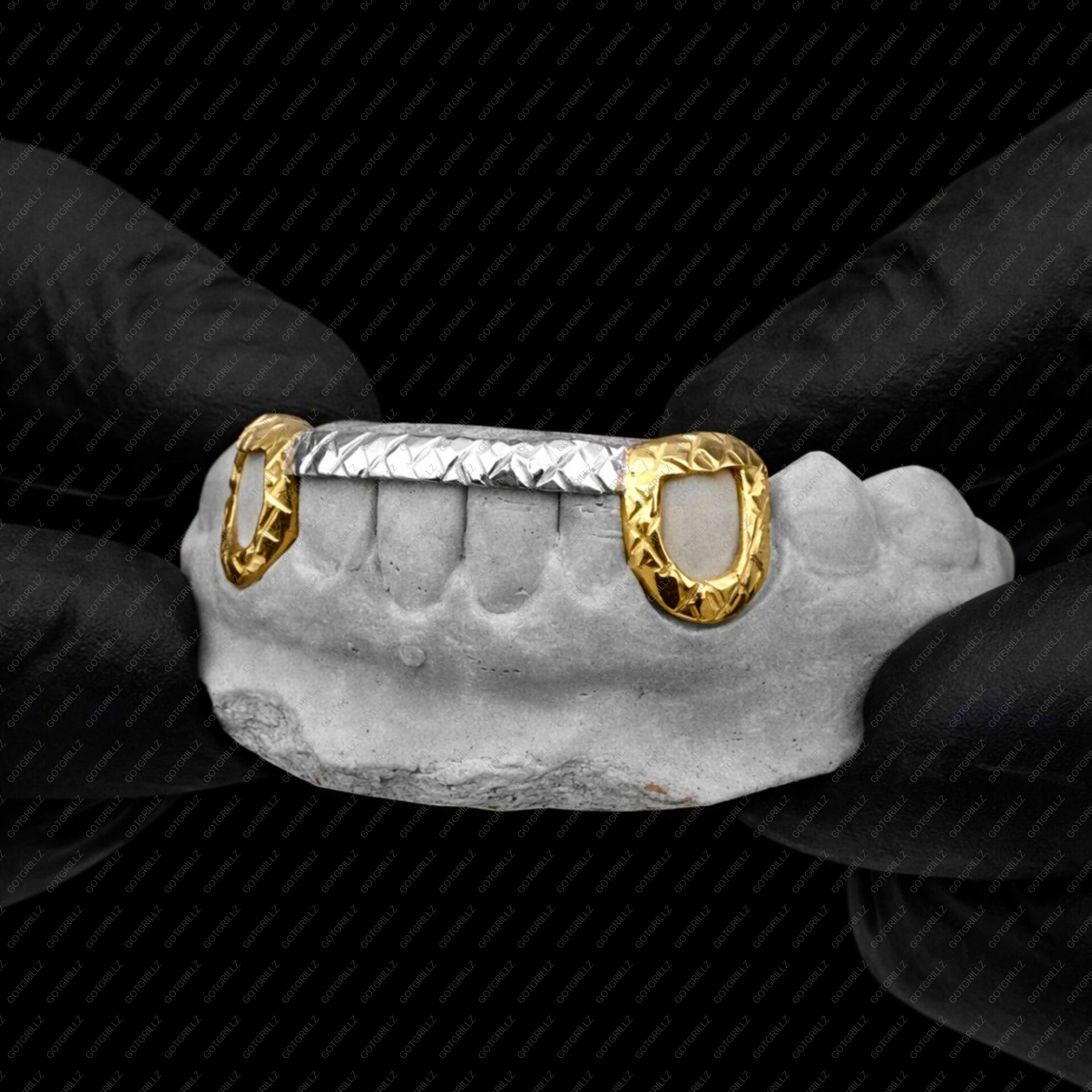Yellow and White Gold Open Face K9 Diamond Cut K9 and Bottom Bar Grillz