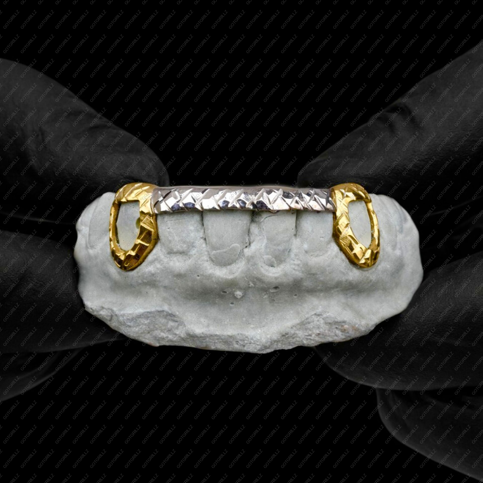 Yellow and White Gold Open Face K9 Diamond Cut K9 and Bottom Bar Grillz
