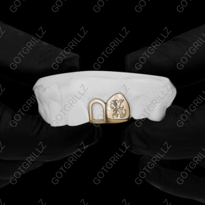 Gold Old English Letter Engraved Open Face Double Cap Grillz