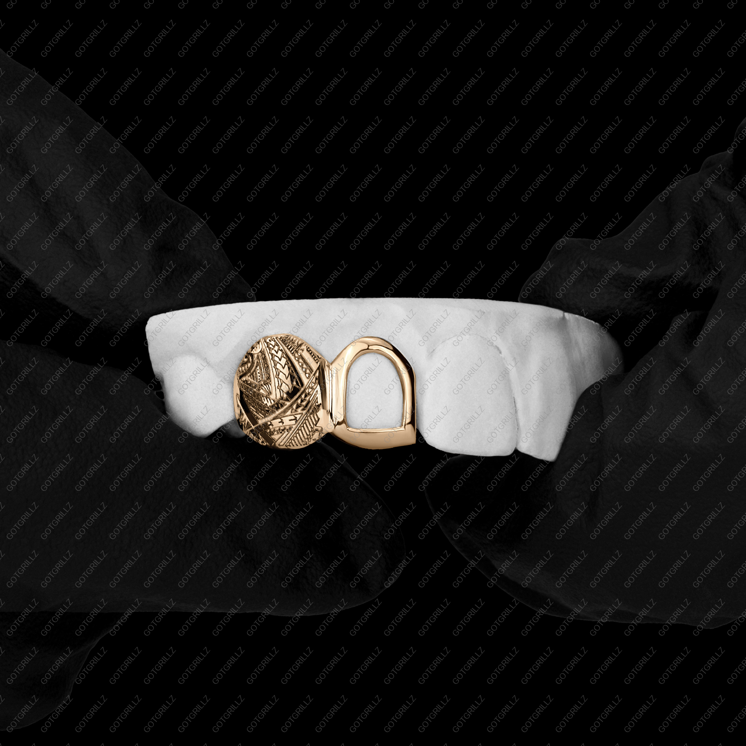Gold Open Face and Polynesian Print Double Cap Grillz