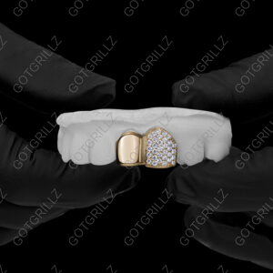Gold Solid and Honeycomb Diamond Double Cap Grillz