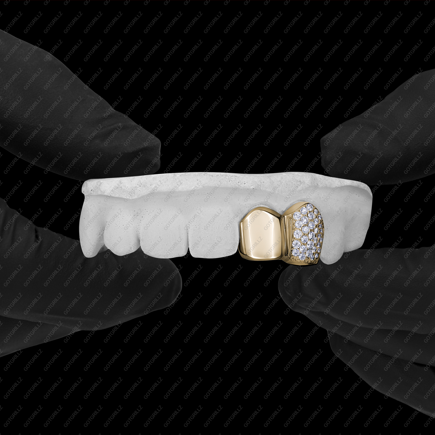 Gold Solid and Honeycomb Diamond Double Cap Grillz